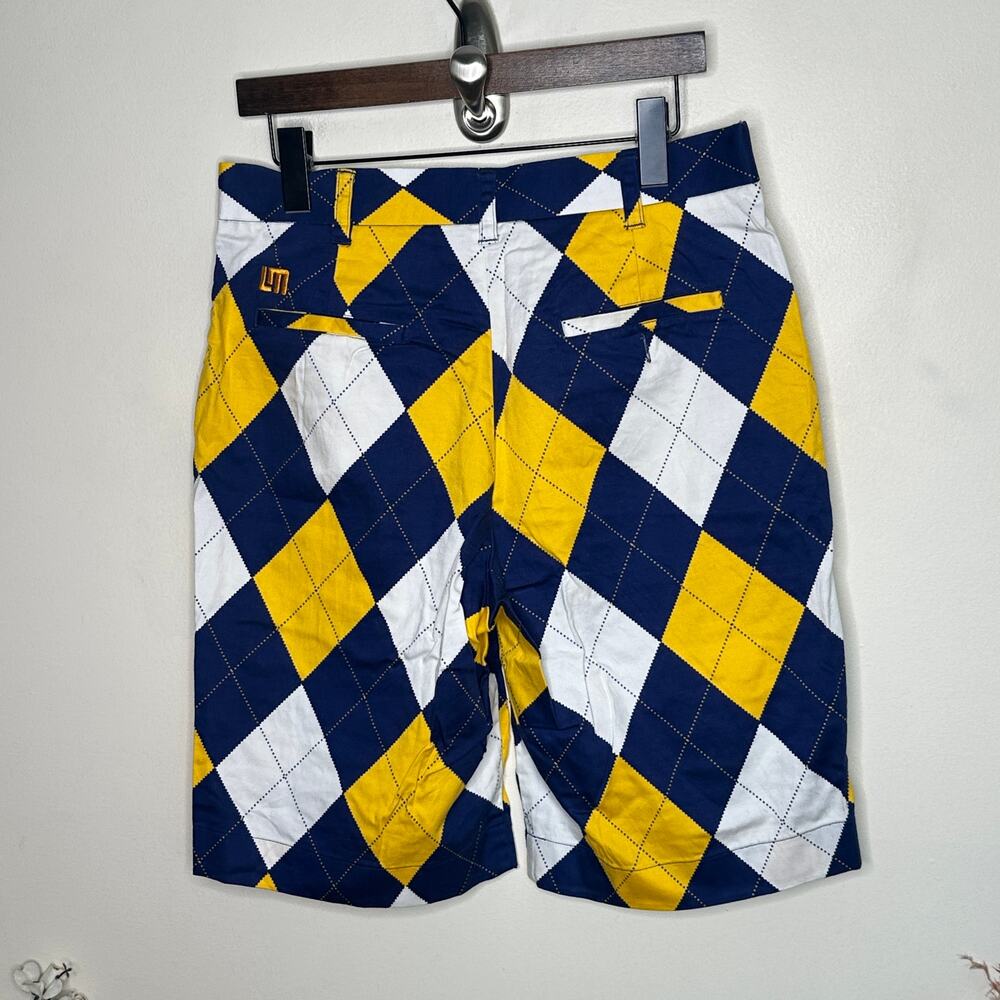 LOUDMOUTH Heritage Golf Shorts Argyle Navy Blue Yellow Sz 32 {3B11} - Picture 4 of 5